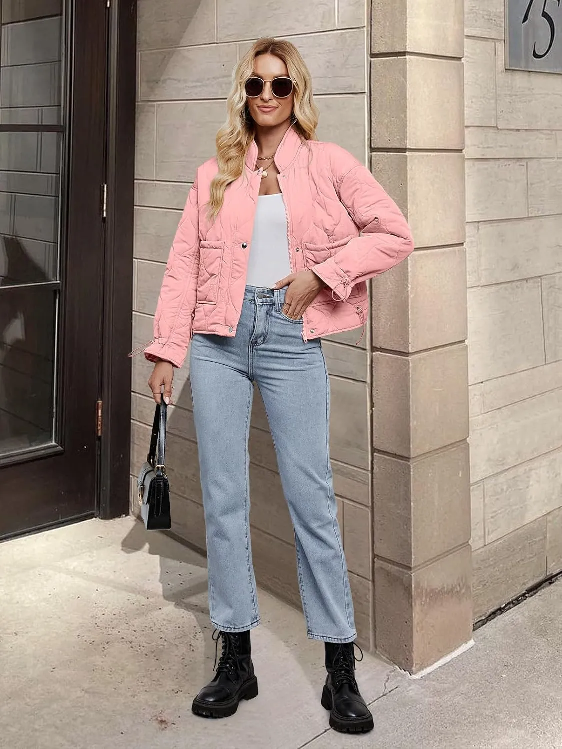 MEROKEETY Women's Cropped Zip-Up Bomber Jackets Warm Quilted Long Sleeve Stand Neck Winter Coats