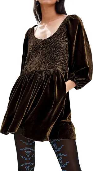 MISSACTIVER Women's Velvet Balloon Sleeve Babydoll Dress Scoop Neck Smocked Drop Waist Short Dress Ruffle Hem Flare Dresses