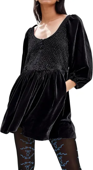 MISSACTIVER Women's Velvet Balloon Sleeve Babydoll Dress Scoop Neck Smocked Drop Waist Short Dress Ruffle Hem Flare Dresses