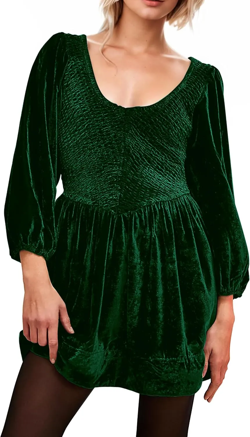 MISSACTIVER Women's Velvet Balloon Sleeve Babydoll Dress Scoop Neck Smocked Drop Waist Short Dress Ruffle Hem Flare Dresses