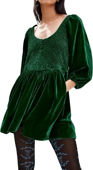 MISSACTIVER Women's Velvet Balloon Sleeve Babydoll Dress Scoop Neck Smocked Drop Waist Short Dress Ruffle Hem Flare Dresses