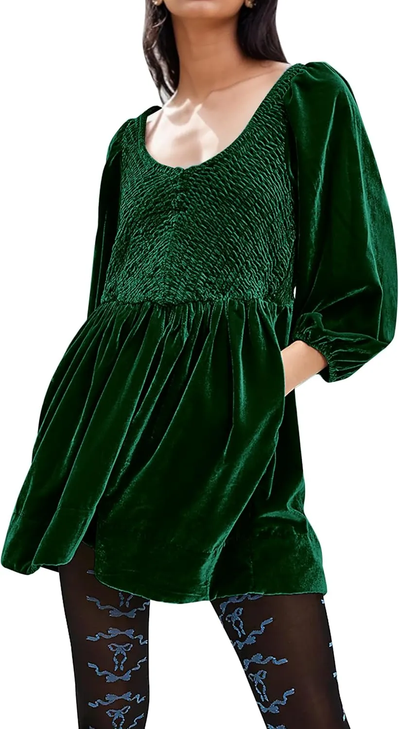 MISSACTIVER Women's Velvet Balloon Sleeve Babydoll Dress Scoop Neck Smocked Drop Waist Short Dress Ruffle Hem Flare Dresses
