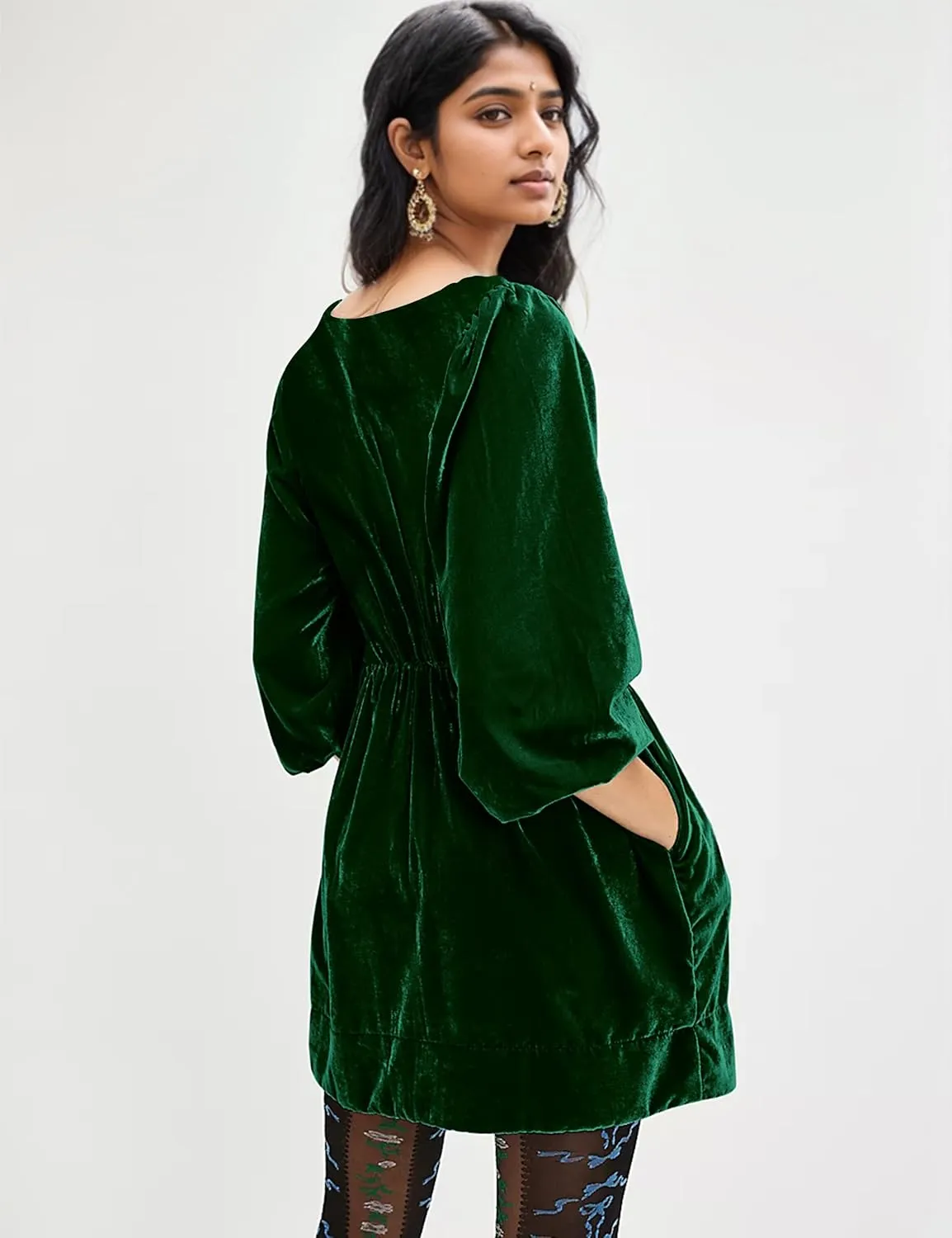 MISSACTIVER Women's Velvet Balloon Sleeve Babydoll Dress Scoop Neck Smocked Drop Waist Short Dress Ruffle Hem Flare Dresses