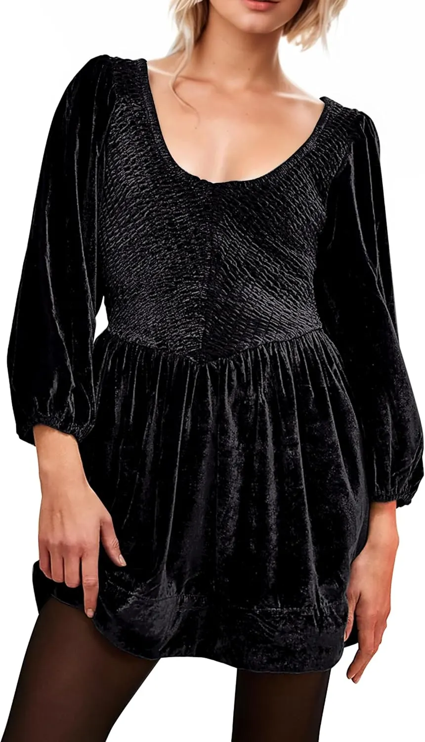 MISSACTIVER Women's Velvet Balloon Sleeve Babydoll Dress Scoop Neck Smocked Drop Waist Short Dress Ruffle Hem Flare Dresses