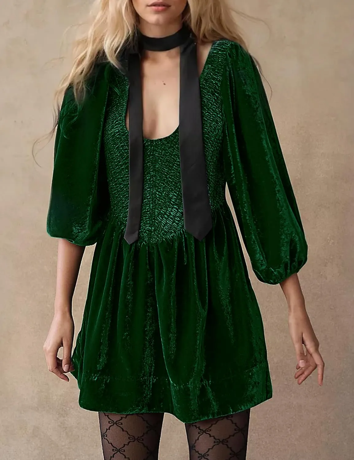 MISSACTIVER Women's Velvet Balloon Sleeve Babydoll Dress Scoop Neck Smocked Drop Waist Short Dress Ruffle Hem Flare Dresses