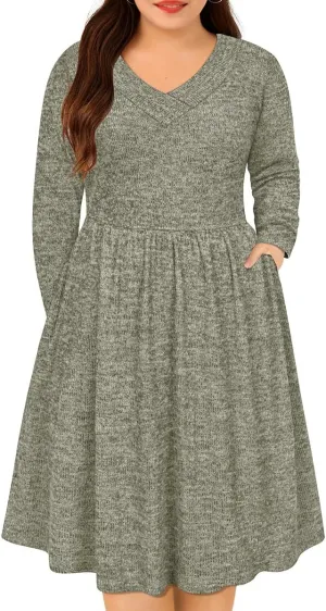 RITERA Plus Size Dresses Long Sleeve Rib Knit Dress High Waisted Womens Fall Winter Solid Color Casual Dress XL-5XL