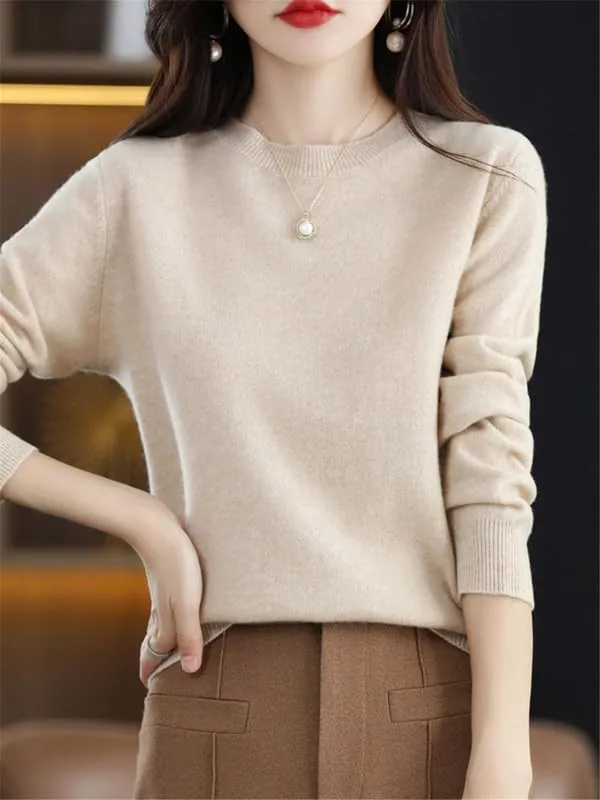 Shanghai Story 100% Merino Wool Sweater Women Fall Winter Warm Knitted Pullover Crewneck Long Sleeve Sweater