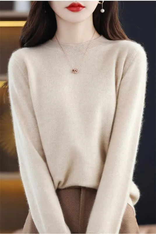 Shanghai Story 100% Merino Wool Sweater Women Fall Winter Warm Knitted Pullover Crewneck Long Sleeve Sweater