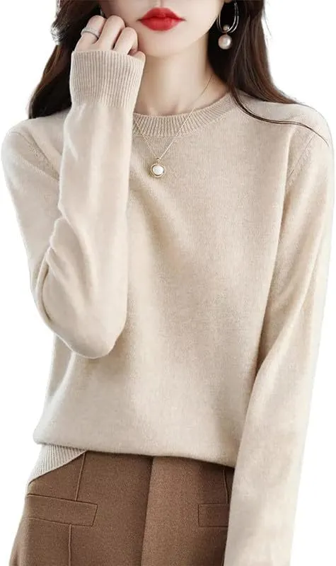 Shanghai Story 100% Merino Wool Sweater Women Fall Winter Warm Knitted Pullover Crewneck Long Sleeve Sweater
