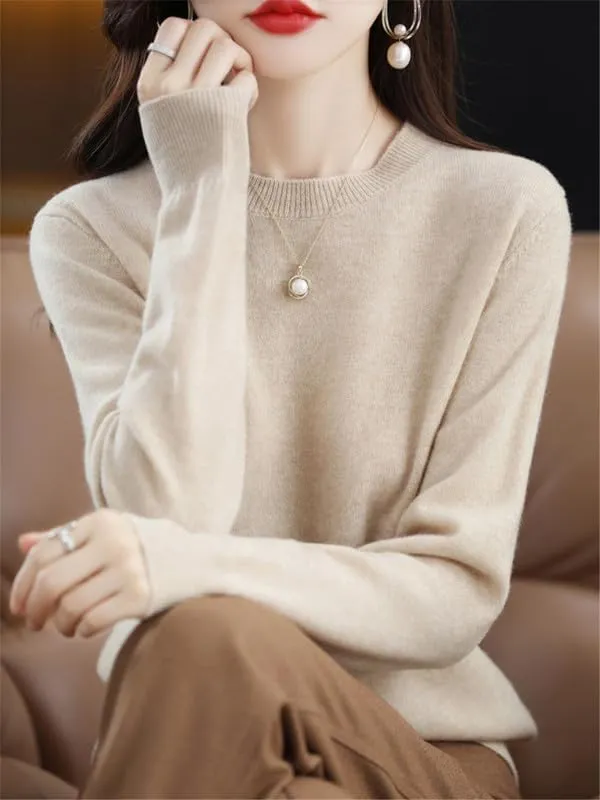 Shanghai Story 100% Merino Wool Sweater Women Fall Winter Warm Knitted Pullover Crewneck Long Sleeve Sweater