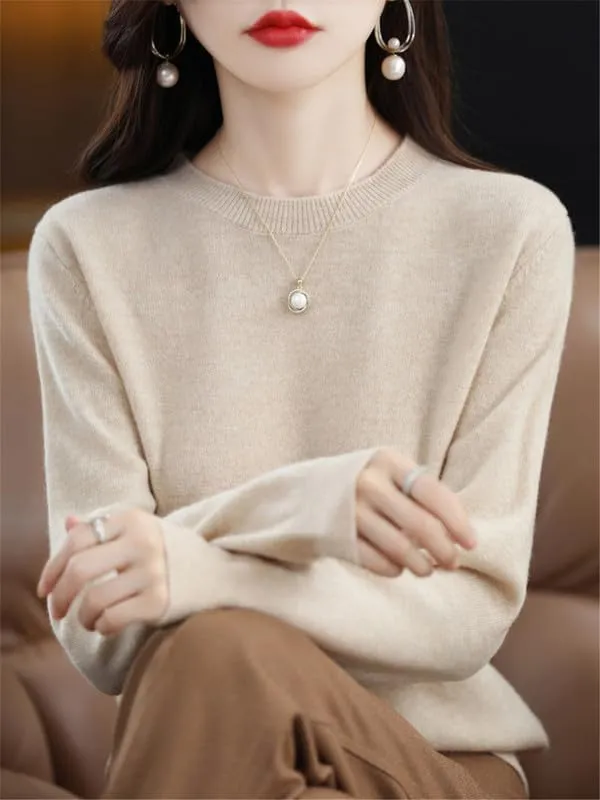 Shanghai Story 100% Merino Wool Sweater Women Fall Winter Warm Knitted Pullover Crewneck Long Sleeve Sweater