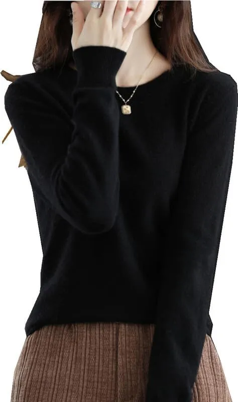 Shanghai Story 100% Merino Wool Sweater Women Fall Winter Warm Knitted Pullover Crewneck Long Sleeve Sweater