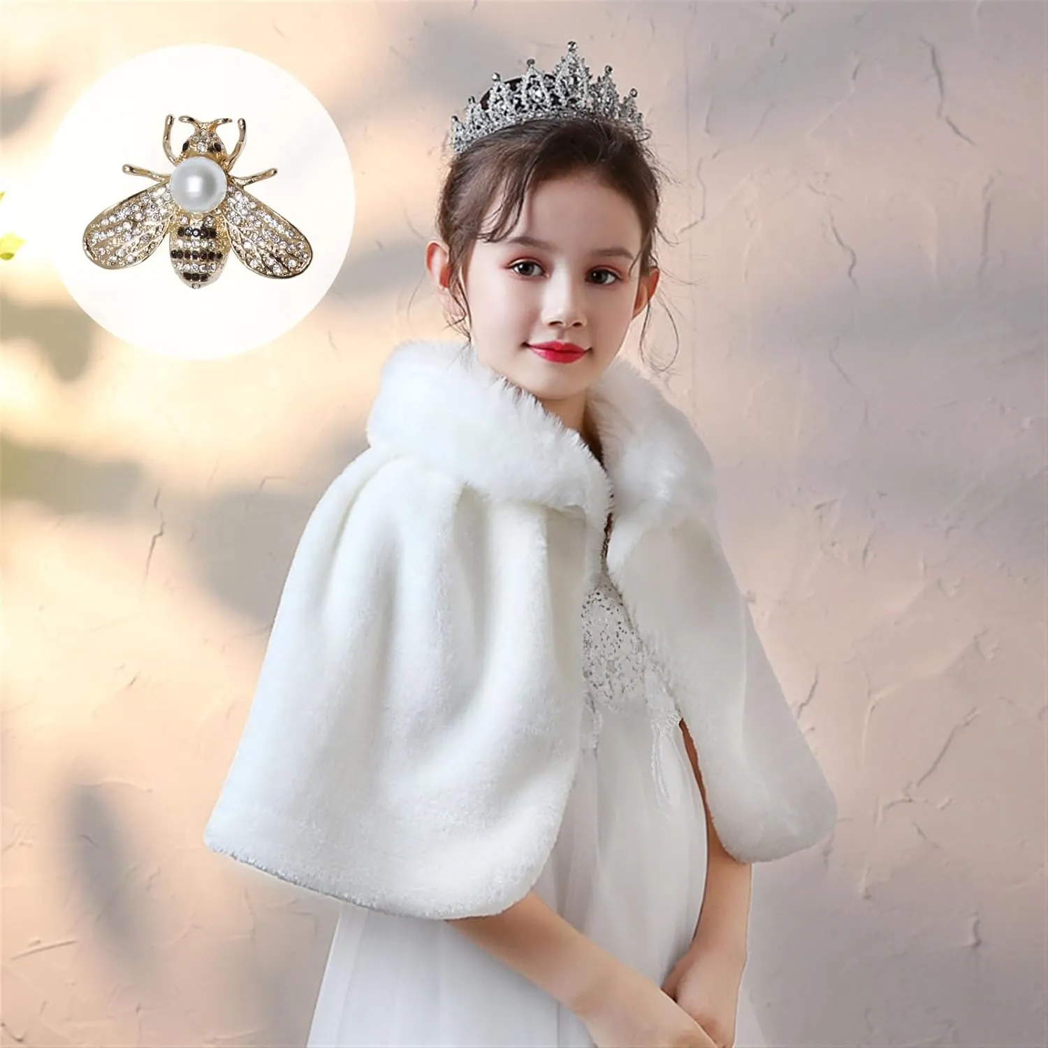 SK Studio Girls Faux Fur Wraps Shawl Girl Bolero Shrug Princess Cape Party Dress Up Jacket, White
