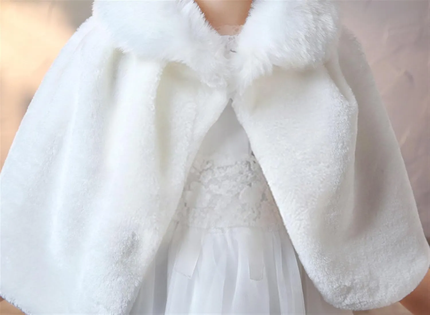 SK Studio Girls Faux Fur Wraps Shawl Girl Bolero Shrug Princess Cape Party Dress Up Jacket, White