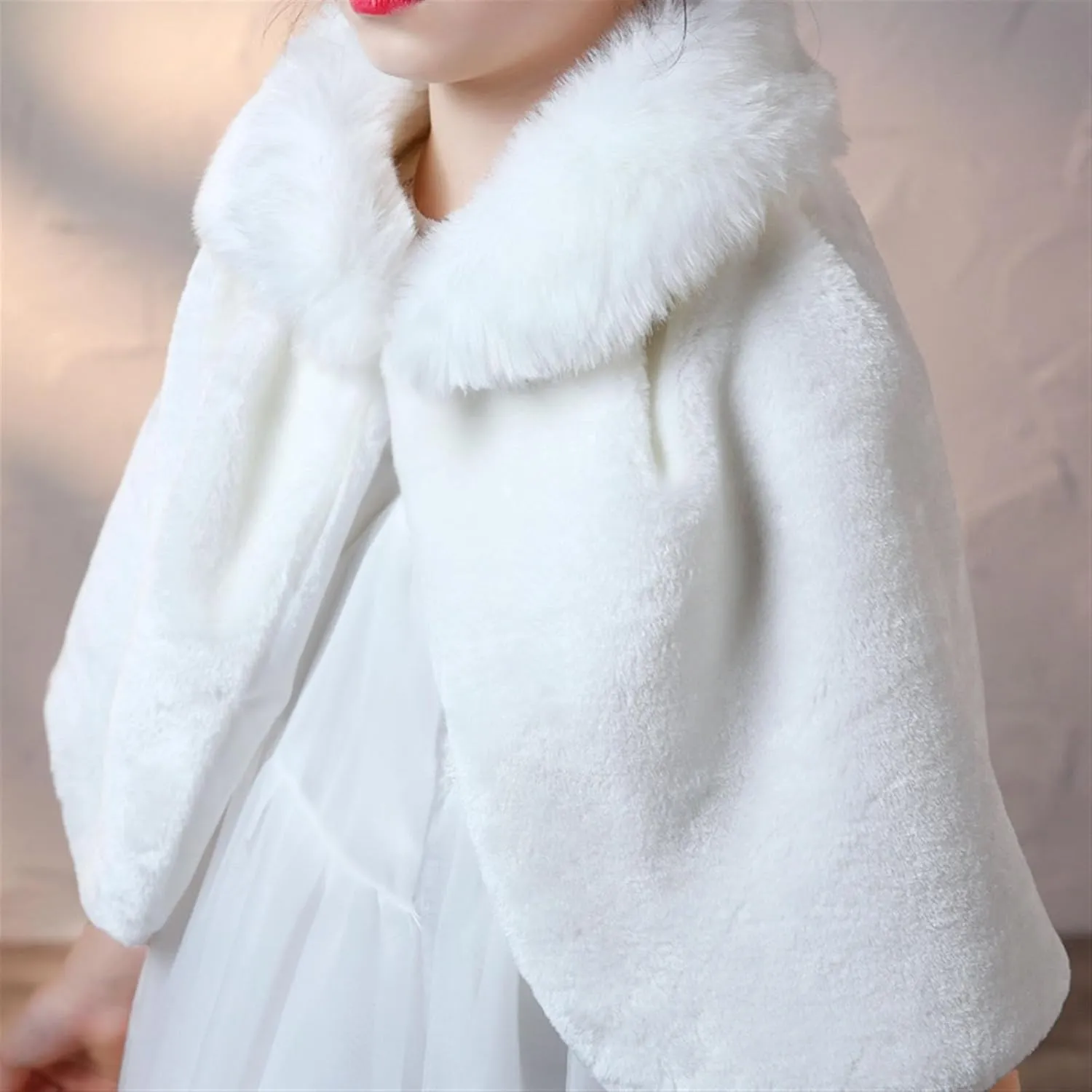 SK Studio Girls Faux Fur Wraps Shawl Girl Bolero Shrug Princess Cape Party Dress Up Jacket, White