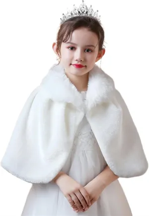 SK Studio Girls Faux Fur Wraps Shawl Girl Bolero Shrug Princess Cape Party Dress Up Jacket, White
