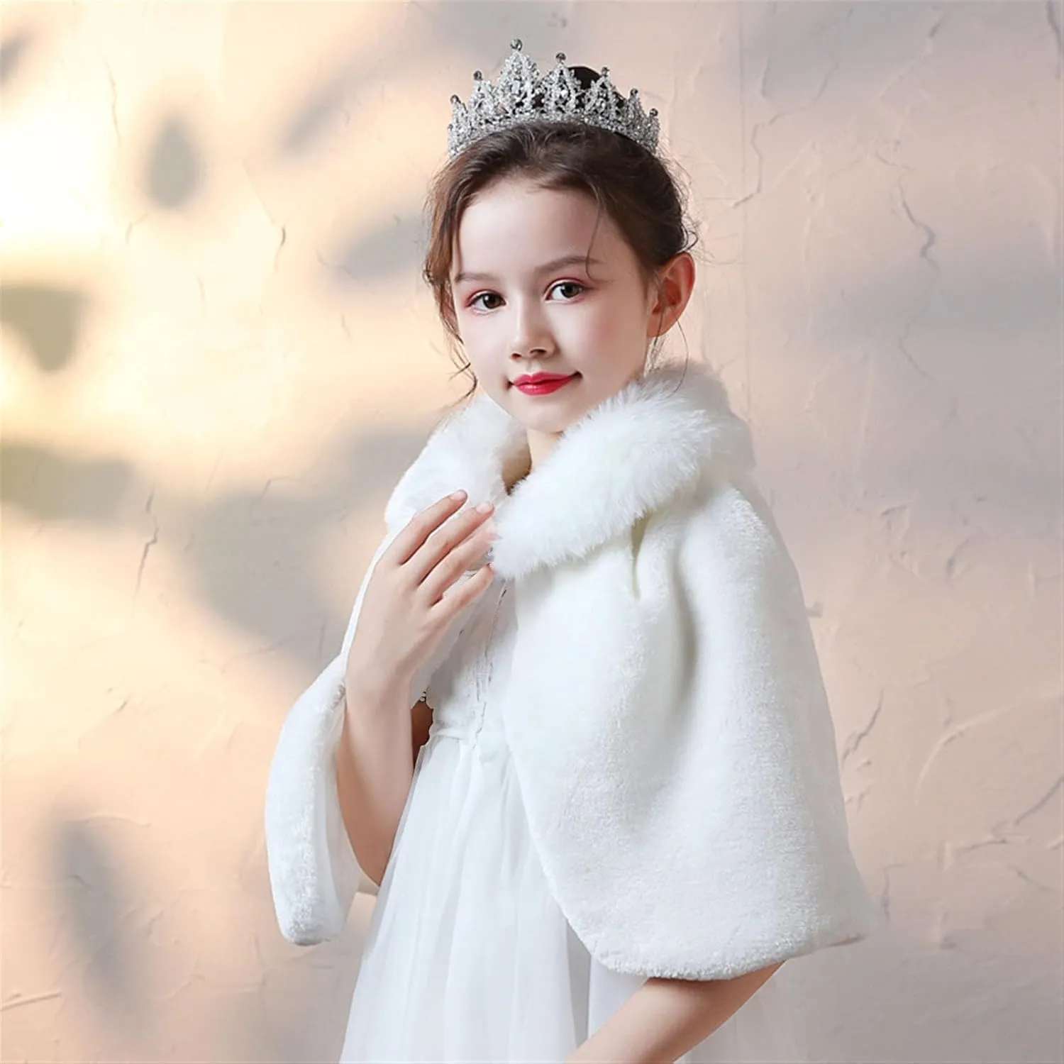 SK Studio Girls Faux Fur Wraps Shawl Girl Bolero Shrug Princess Cape Party Dress Up Jacket, White