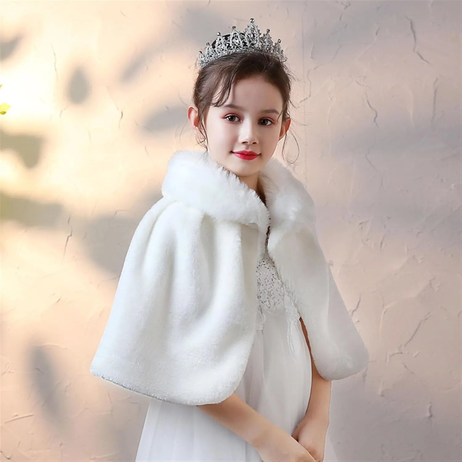 SK Studio Girls Faux Fur Wraps Shawl Girl Bolero Shrug Princess Cape Party Dress Up Jacket, White