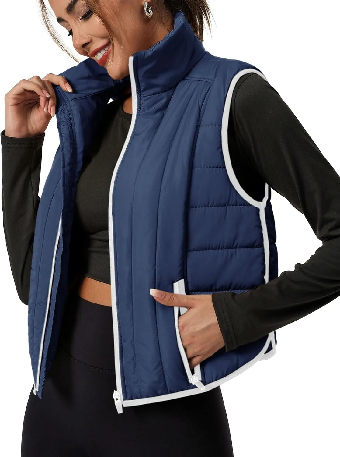 Tankaneo Womens Cropped Quilted Lightweight Vest Outerwear Running Sleeveless Jackets Zip Up Stand Collar Winter Coats
