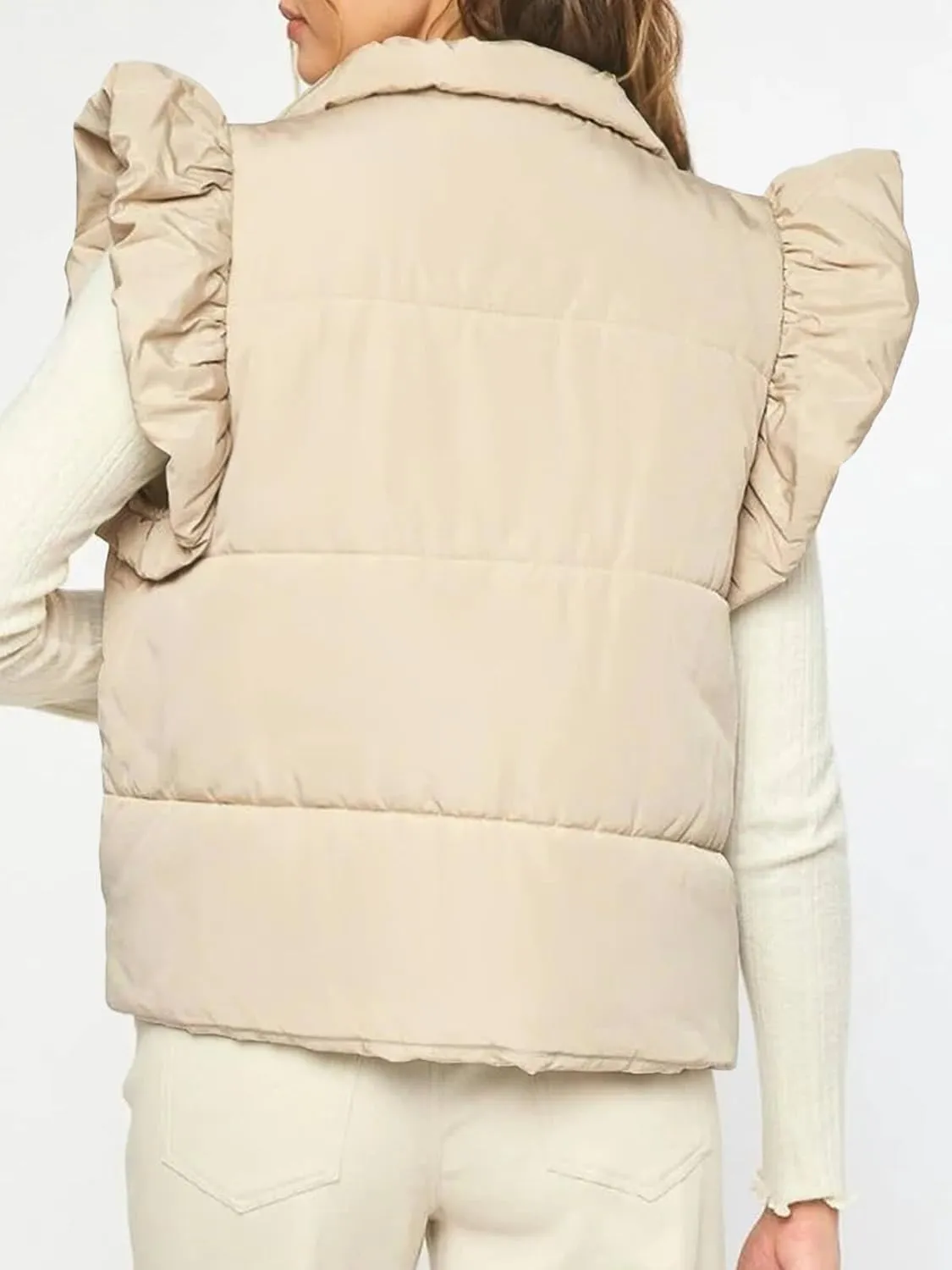 Tankaneo Womens Puffer Vest Ruffle Sleeveless Button Down Winter Warm Padded Gilet Coats