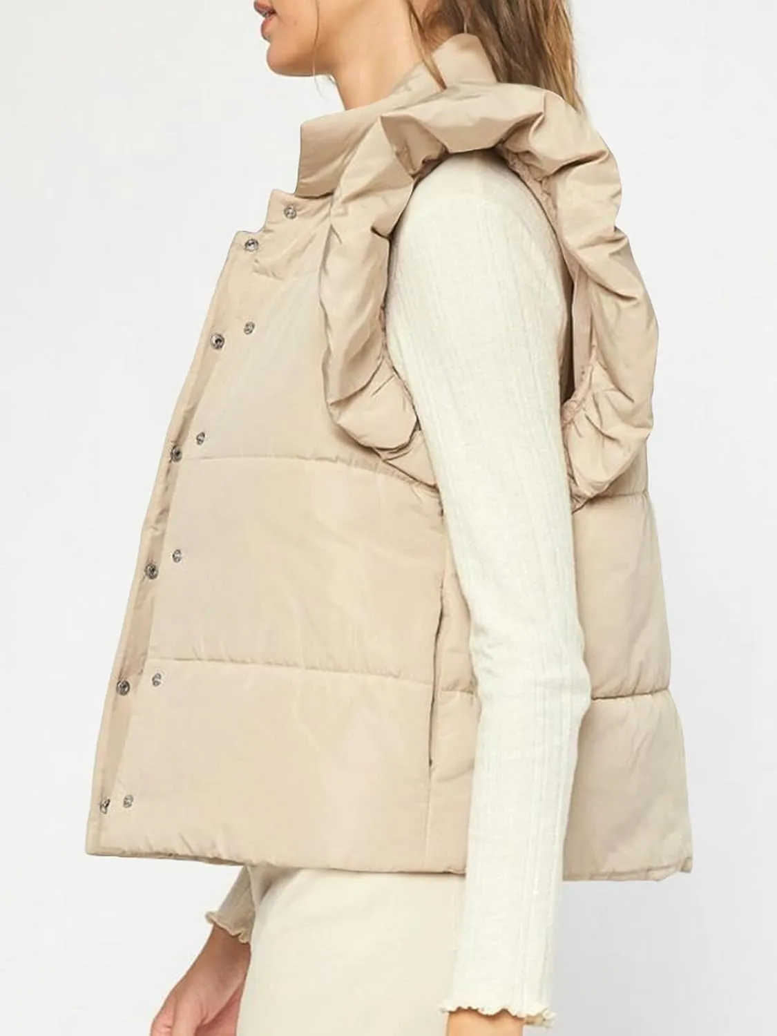 Tankaneo Womens Puffer Vest Ruffle Sleeveless Button Down Winter Warm Padded Gilet Coats