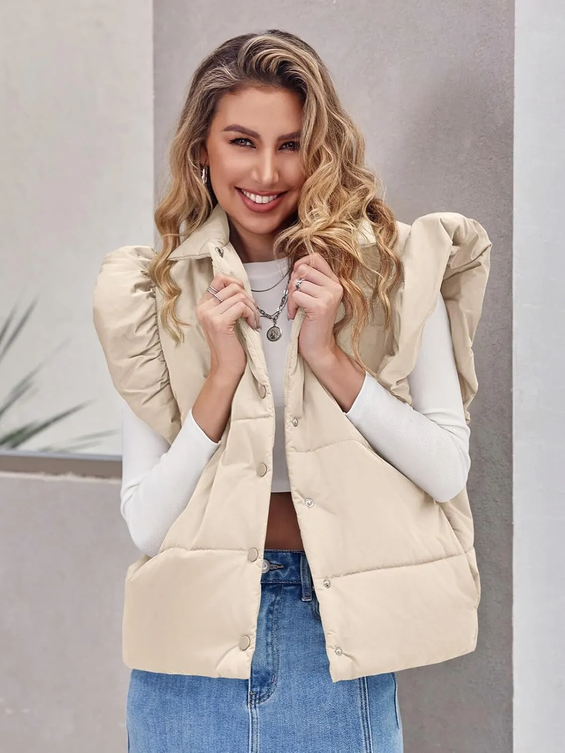 Tankaneo Womens Puffer Vest Ruffle Sleeveless Button Down Winter Warm Padded Gilet Coats