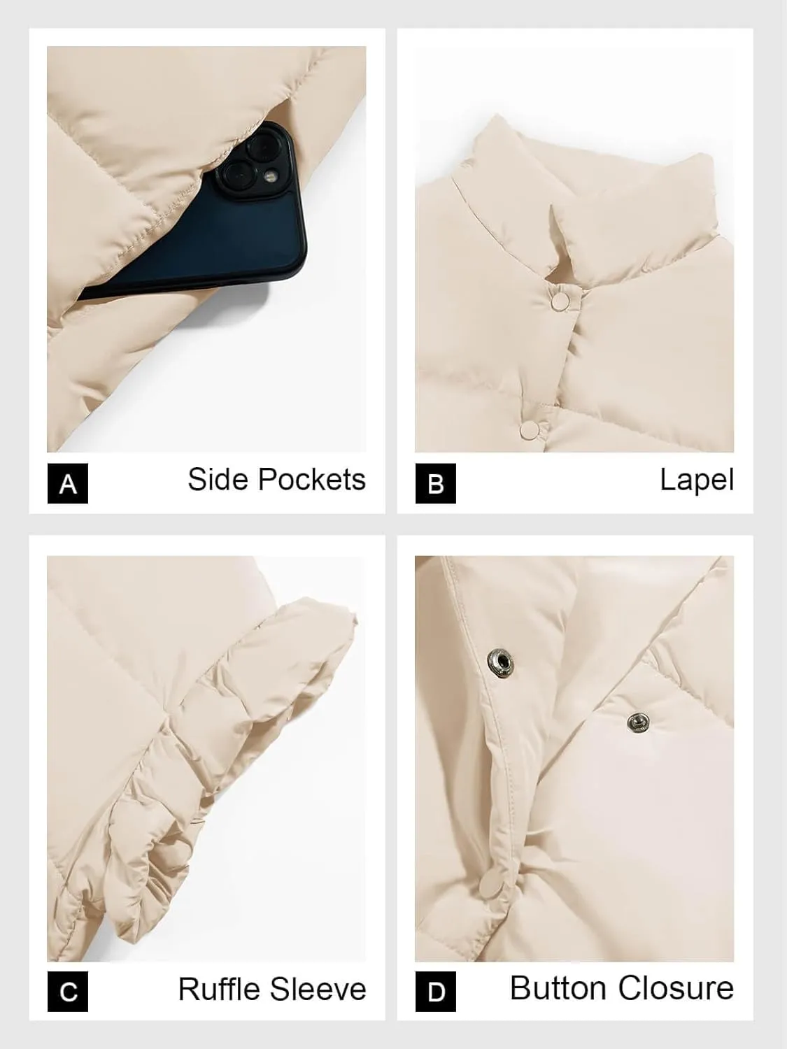 Tankaneo Womens Puffer Vest Ruffle Sleeveless Button Down Winter Warm Padded Gilet Coats