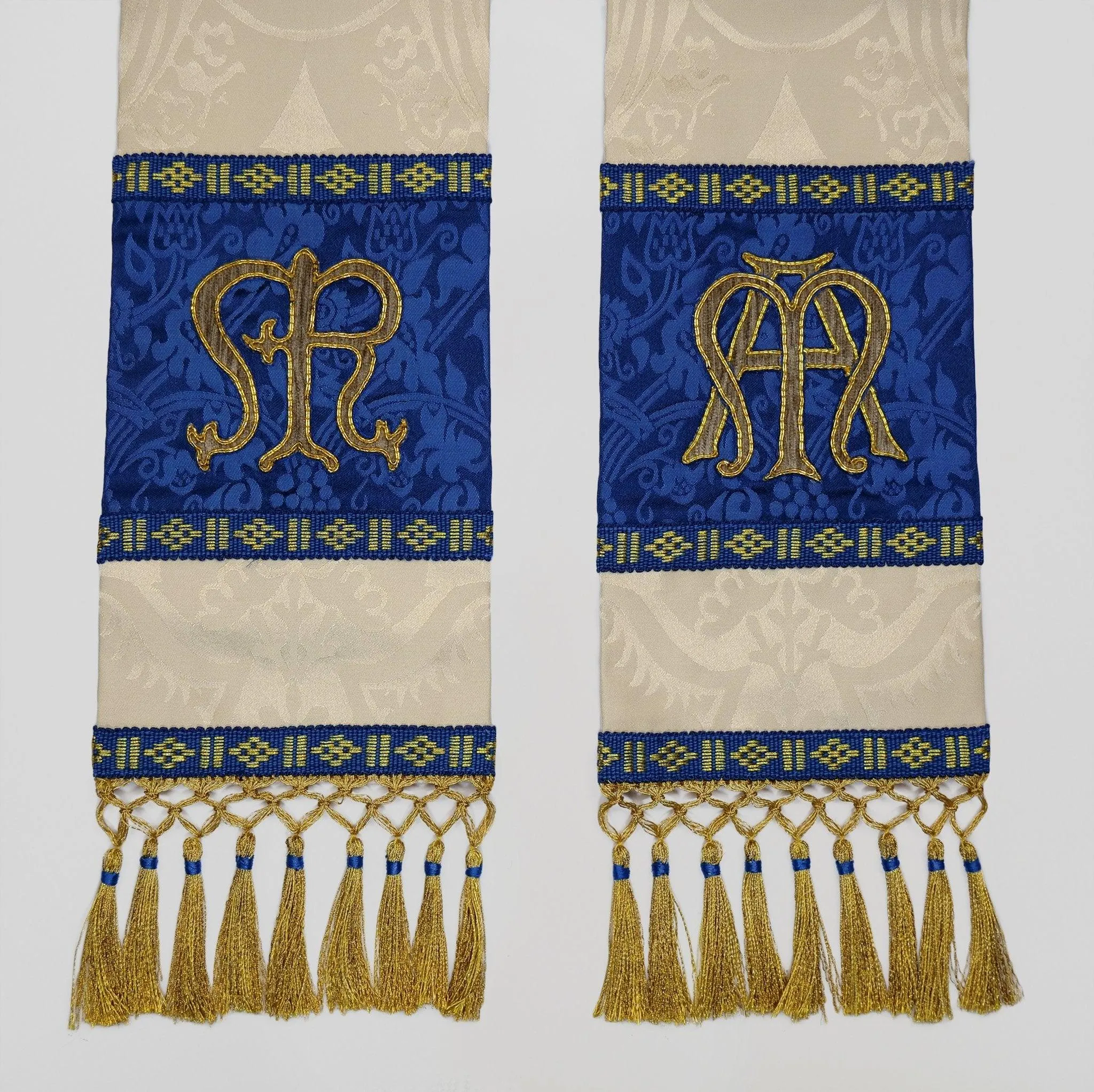 Tufton Stole in Cream 'Comper Cathedral' with Blue 'Hilliard' Orphreys and Hand Embroidery