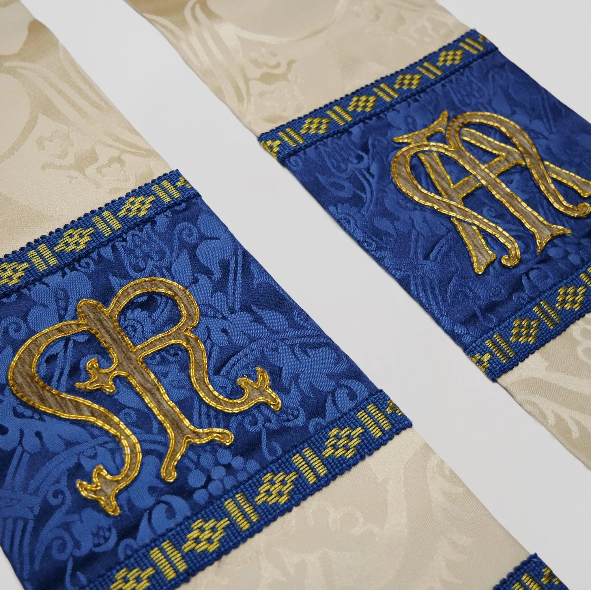 Tufton Stole in Cream 'Comper Cathedral' with Blue 'Hilliard' Orphreys and Hand Embroidery