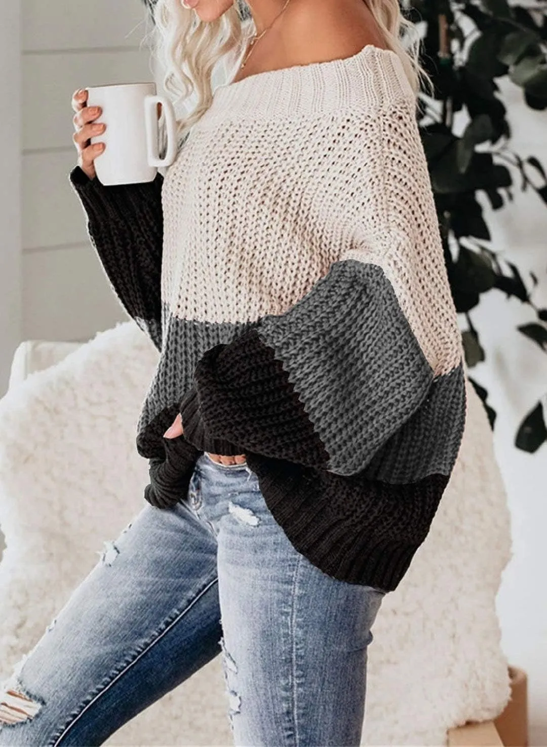 VIMPUNEC Womens Oversized Sweater Color Block Off The Shoulder Pullover Sweaters Cable Knit Chunky Striped Tops