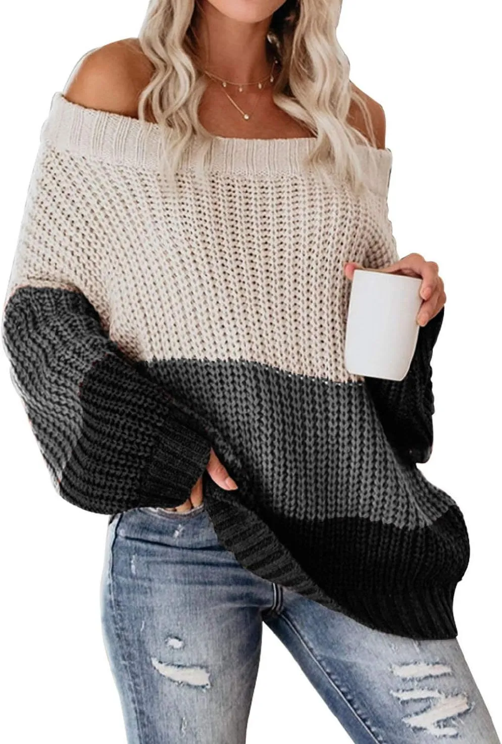 VIMPUNEC Womens Oversized Sweater Color Block Off The Shoulder Pullover Sweaters Cable Knit Chunky Striped Tops