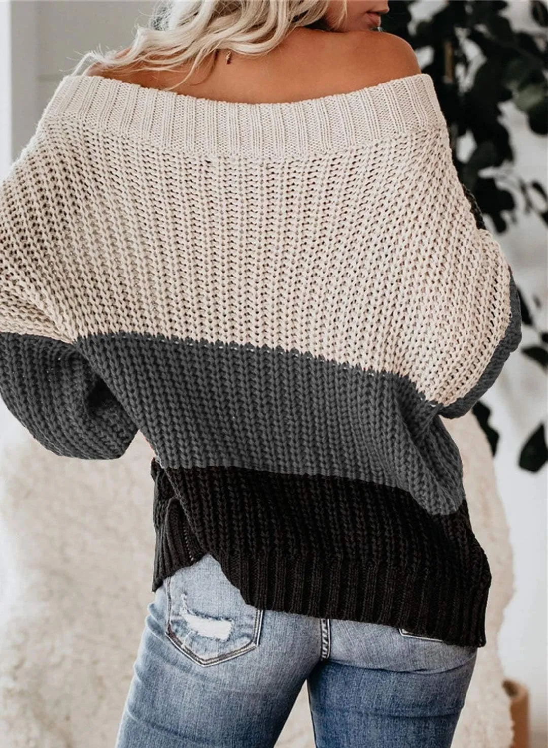 VIMPUNEC Womens Oversized Sweater Color Block Off The Shoulder Pullover Sweaters Cable Knit Chunky Striped Tops