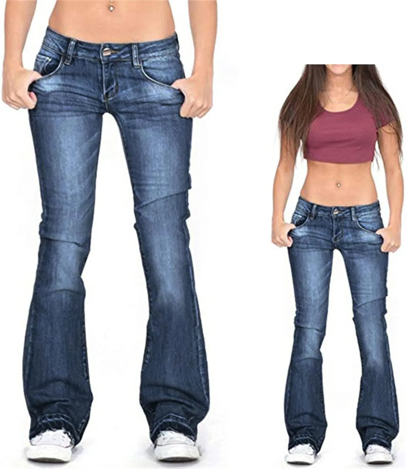 Women's Fringe Washed Bootleg Jeans Ripped Flare Low Rise Fitted Denim Pants Classic Stretch Curvy Bootcut Jeans