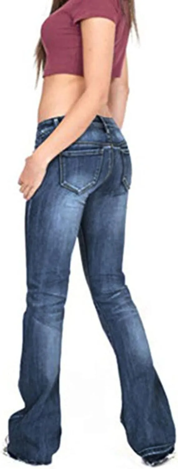 Women's Fringe Washed Bootleg Jeans Ripped Flare Low Rise Fitted Denim Pants Classic Stretch Curvy Bootcut Jeans