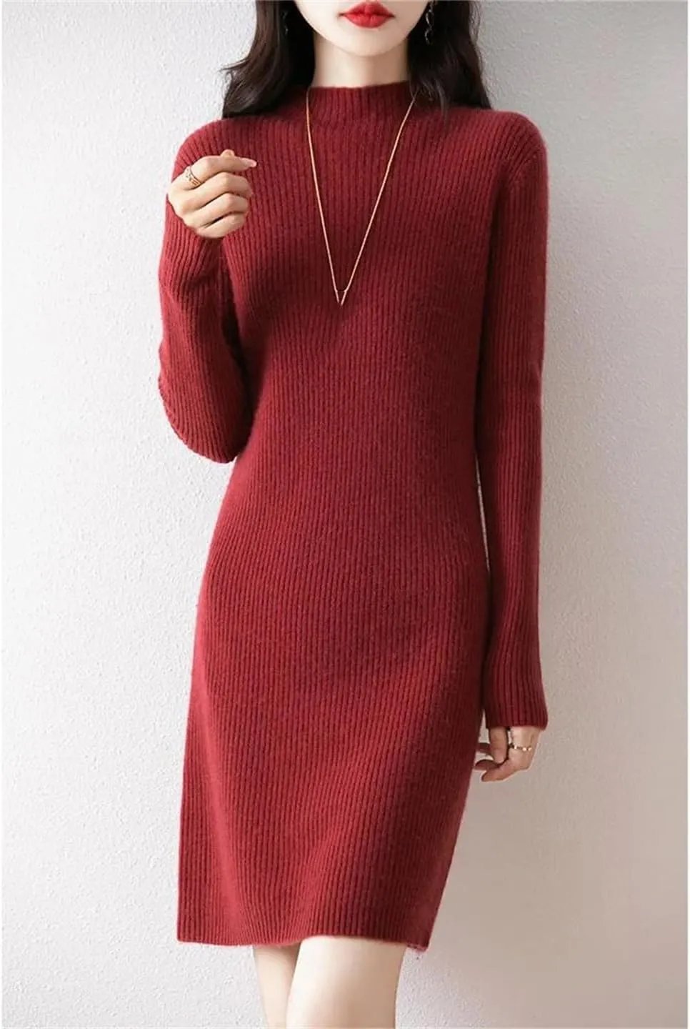 WomenS Mock Neck Wool Dress Pullover Long Sleeve Straight Silhouette Above Knee Sweater Dresses