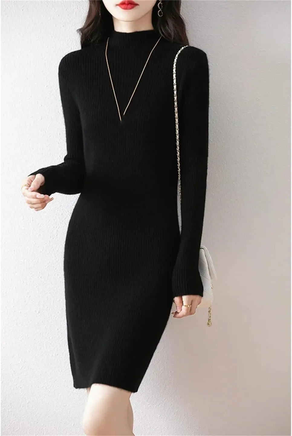 WomenS Mock Neck Wool Dress Pullover Long Sleeve Straight Silhouette Above Knee Sweater Dresses