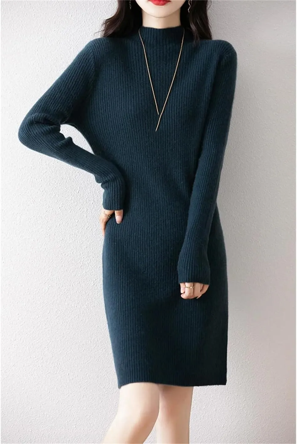 WomenS Mock Neck Wool Dress Pullover Long Sleeve Straight Silhouette Above Knee Sweater Dresses