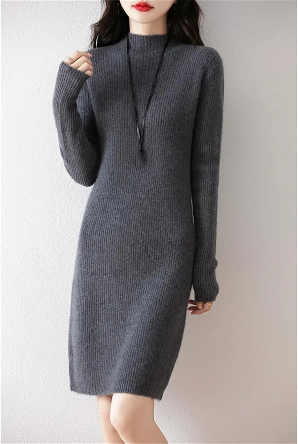 WomenS Mock Neck Wool Dress Pullover Long Sleeve Straight Silhouette Above Knee Sweater Dresses