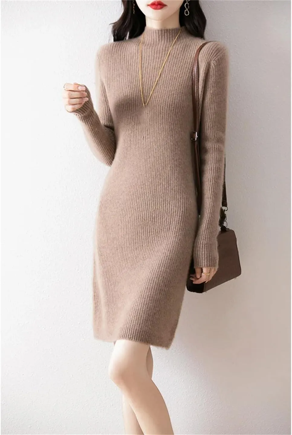 WomenS Mock Neck Wool Dress Pullover Long Sleeve Straight Silhouette Above Knee Sweater Dresses