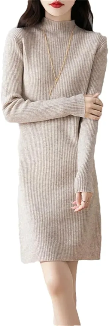 WomenS Mock Neck Wool Dress Pullover Long Sleeve Straight Silhouette Above Knee Sweater Dresses