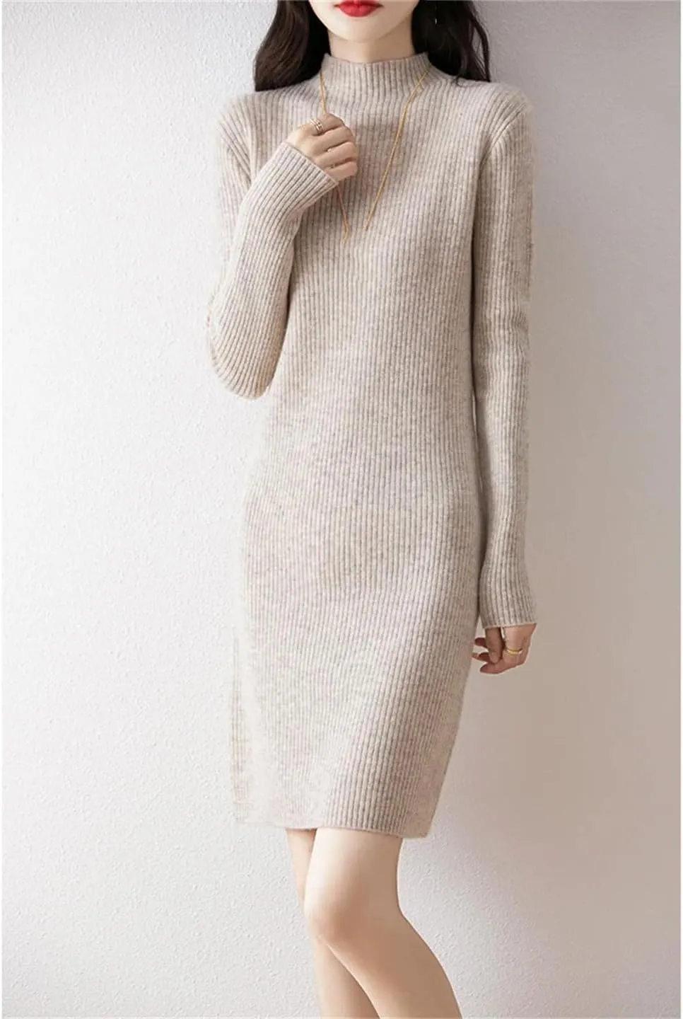 WomenS Mock Neck Wool Dress Pullover Long Sleeve Straight Silhouette Above Knee Sweater Dresses