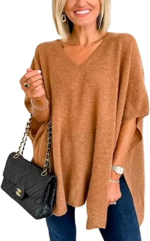 Womens Short Sleeve V Neck Pocho Sweater Fashion Side Slit Sweater Pullover Shawl Loose Fitting Ponchos Wraps Baggy Tops