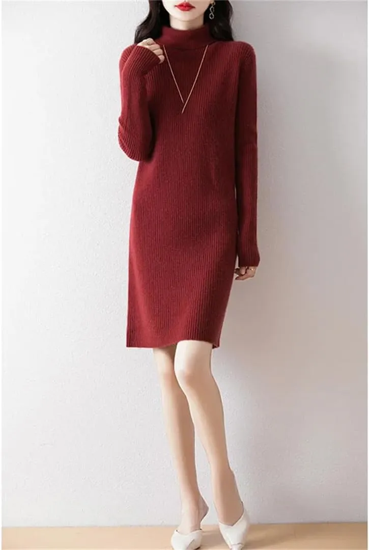 WomenS Turtleneck Wool Dress Long Sleeve Mini Above Knee Pullover Straight Casual Sweater Dress