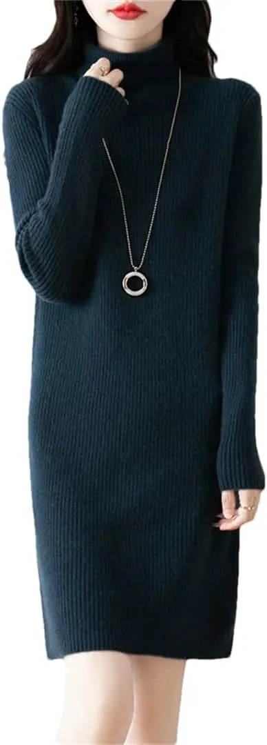 WomenS Turtleneck Wool Dress Long Sleeve Mini Above Knee Pullover Straight Casual Sweater Dress