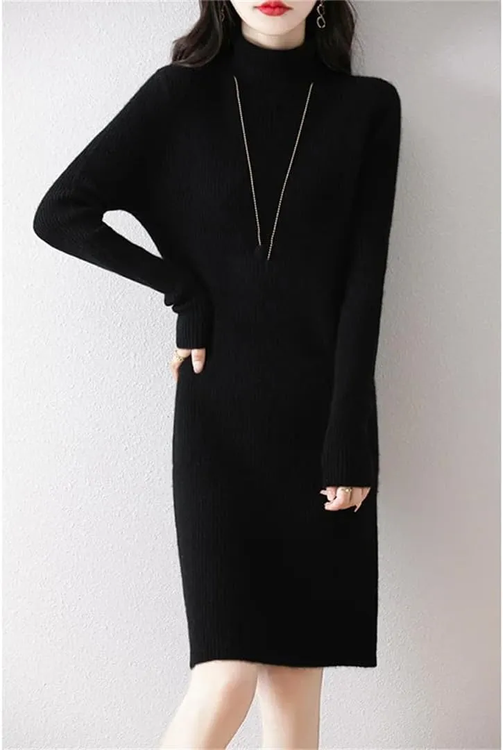 WomenS Turtleneck Wool Dress Long Sleeve Mini Above Knee Pullover Straight Casual Sweater Dress