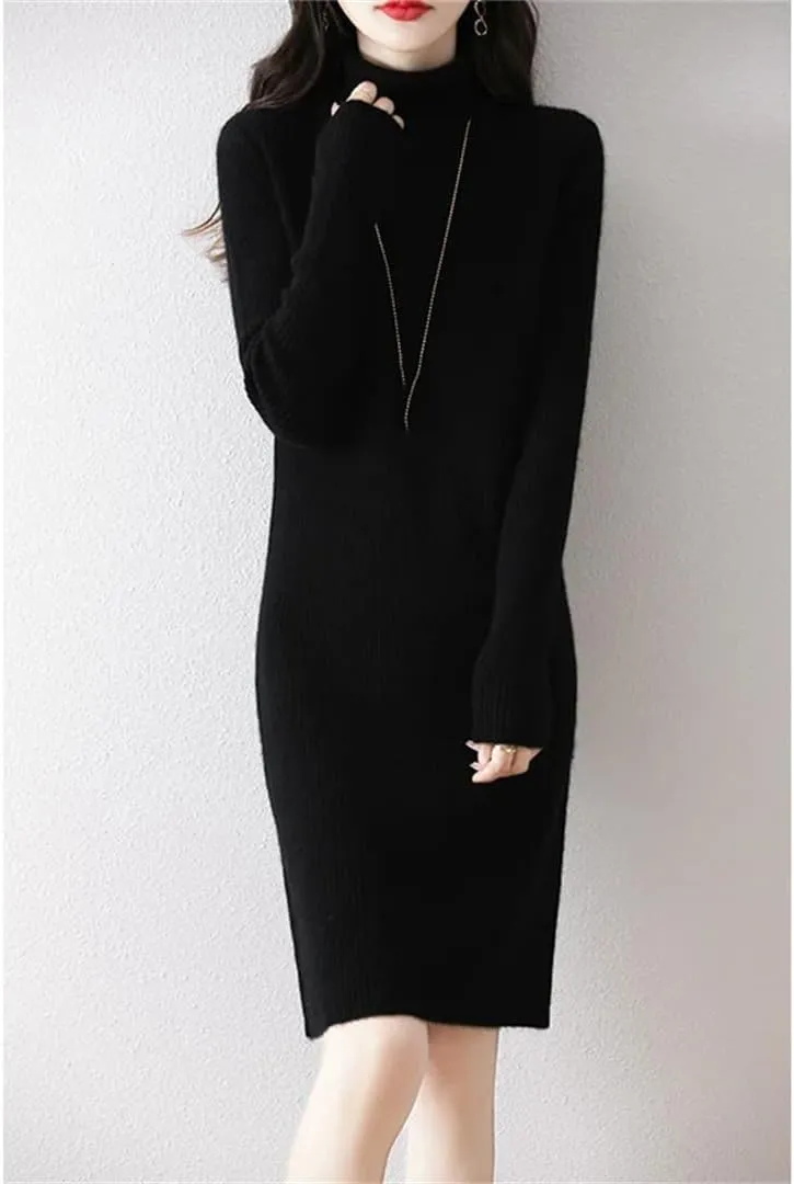 WomenS Turtleneck Wool Dress Long Sleeve Mini Above Knee Pullover Straight Casual Sweater Dress