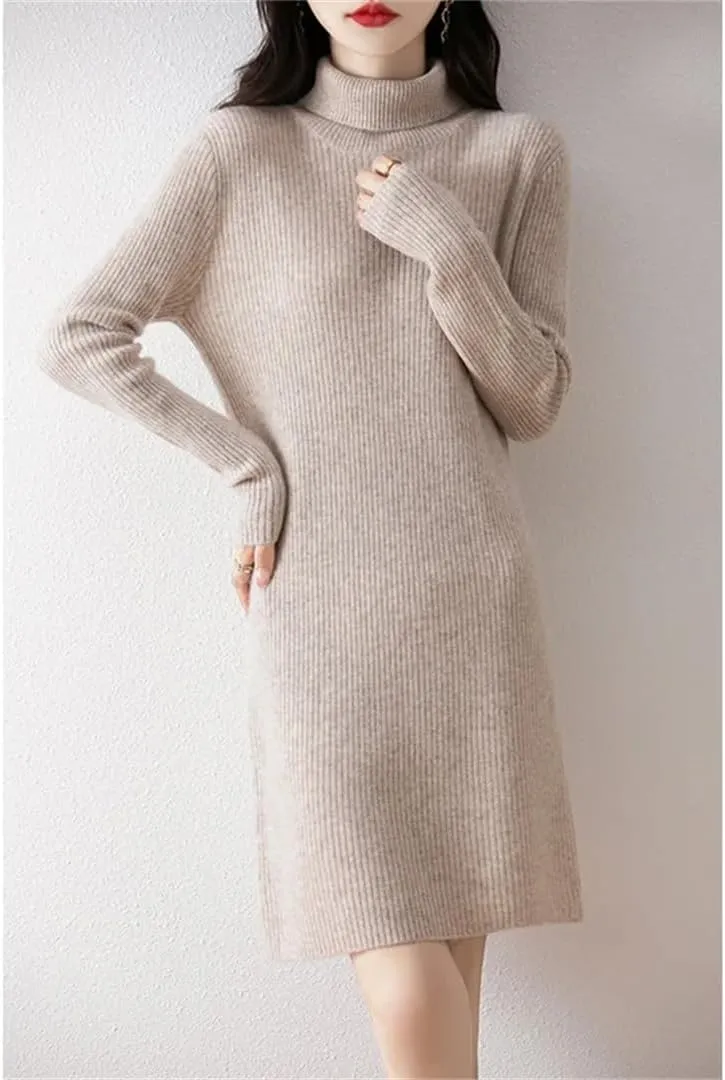 WomenS Turtleneck Wool Dress Long Sleeve Mini Above Knee Pullover Straight Casual Sweater Dress
