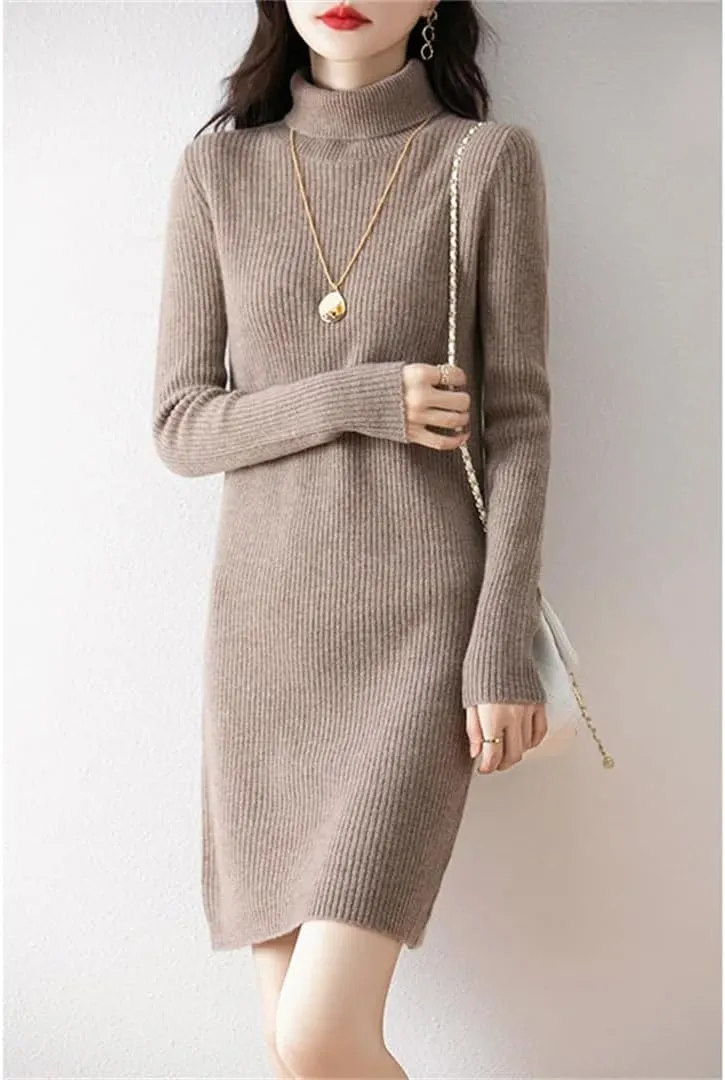 WomenS Turtleneck Wool Dress Long Sleeve Mini Above Knee Pullover Straight Casual Sweater Dress