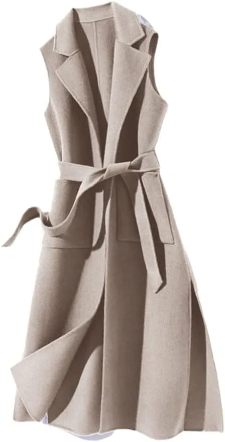 Wool Blend Long Vest With Belt Women Office Lady Notched Collar Pockets Cardigan Sleeveless Waistcoat Gilet