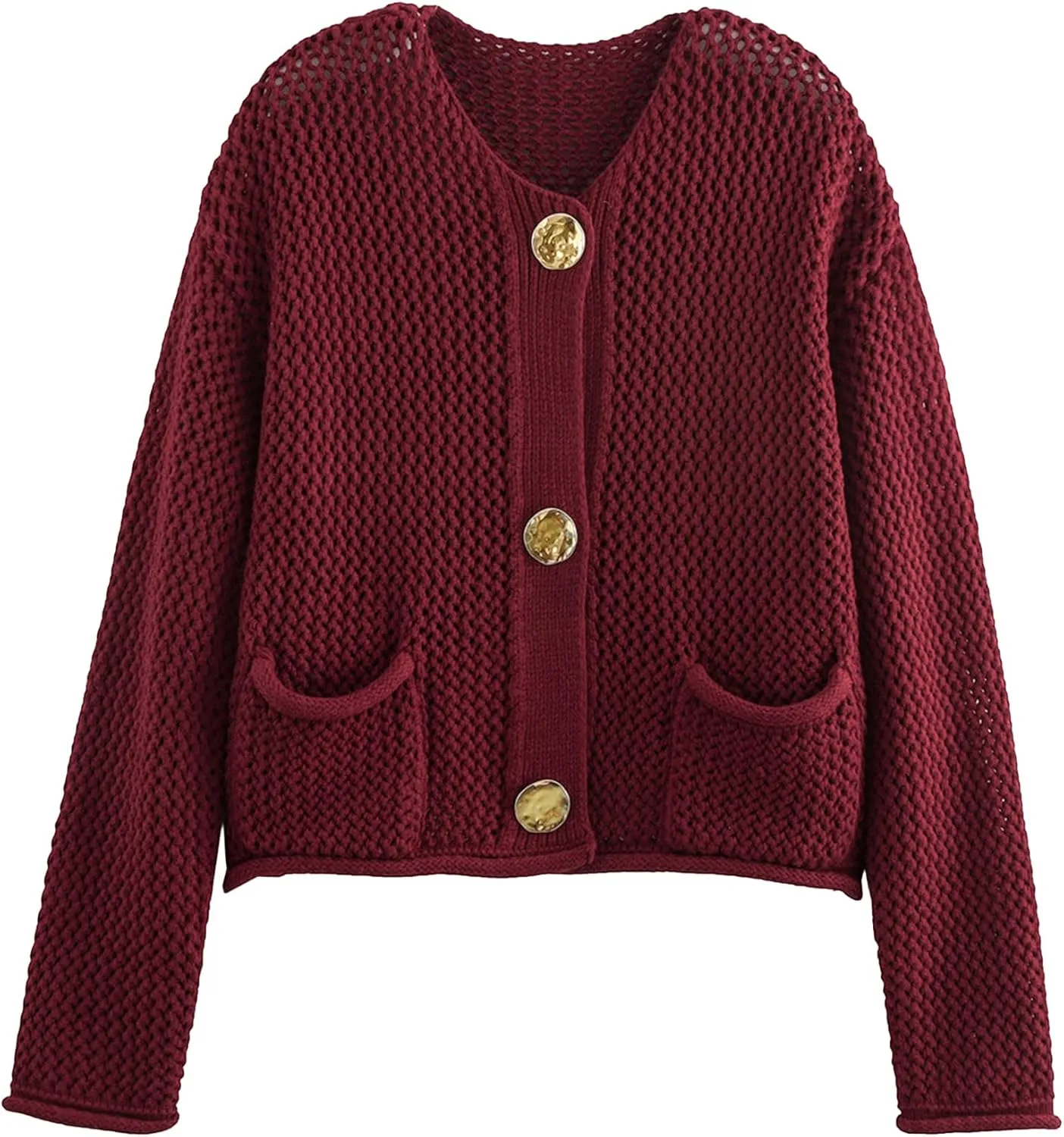 Yimoon Womens Cropped Cardigan Sweaters Gold Button Down Chunky Knit Sweaters Long Sleeve Open Front Fall Crochet Cardigan